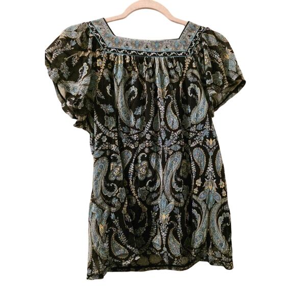 Y2K Flowy Paisly Print Top Square Neck Flutter Sleeve Size PL Apt. 9 Baby Doll - Picture 2 of 5